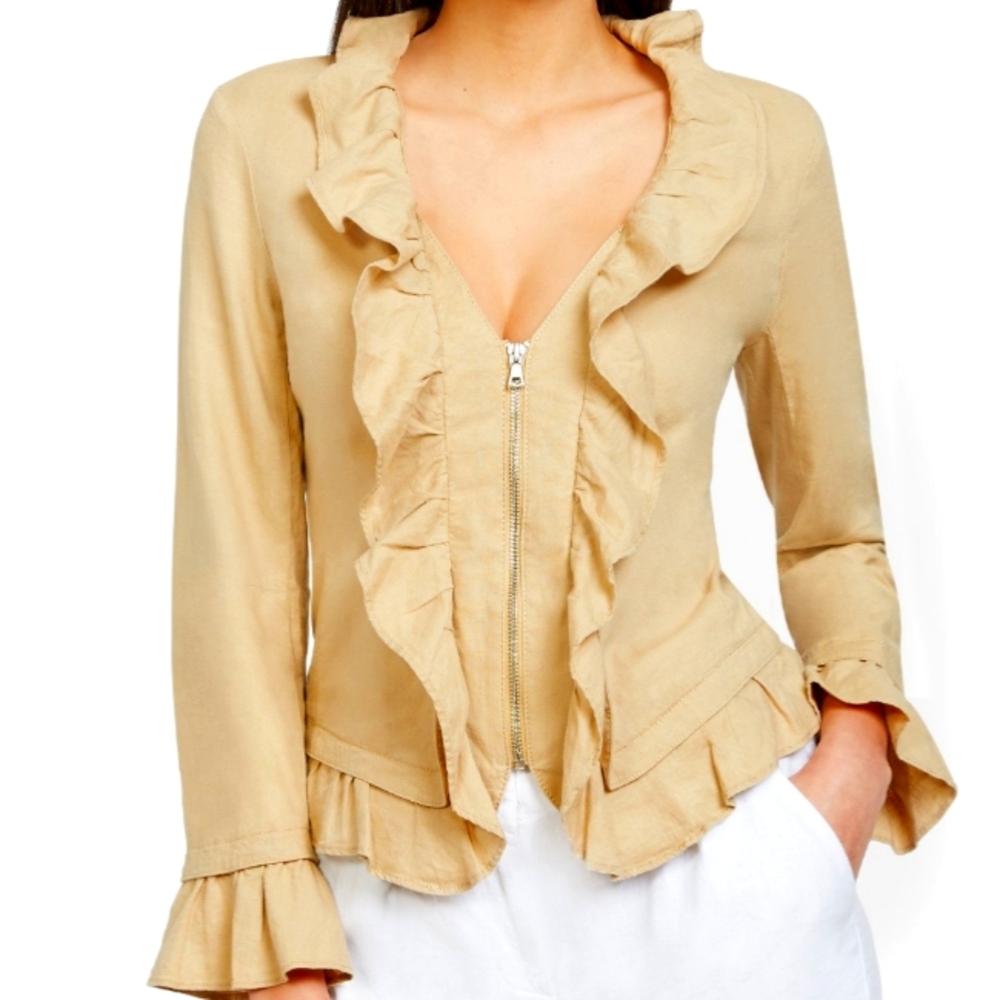New York & Company Ruffled Linen Zip Front Jacket